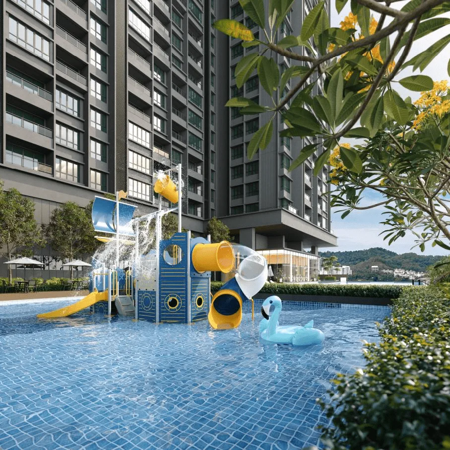 Avantro Residence Image shows the building exterior with a kids water play area in the swimming pool. in Puchong, Freehold property development, render