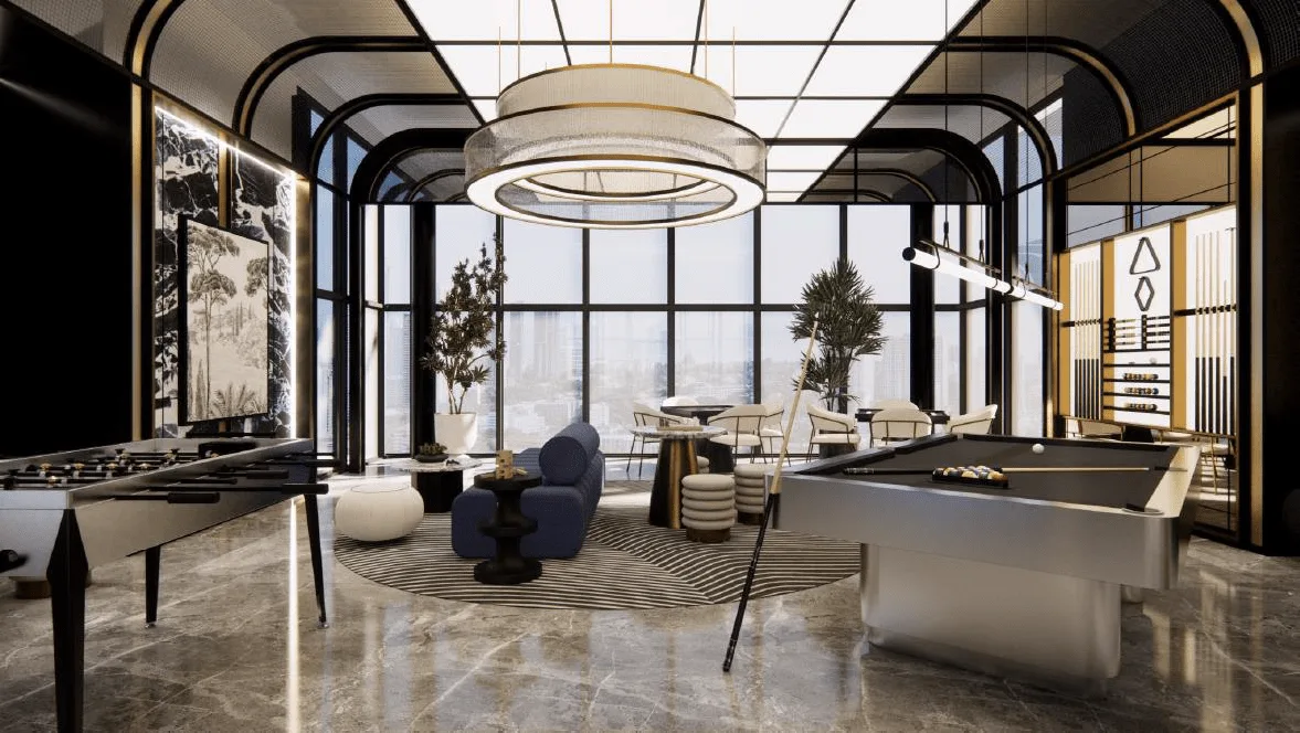 Avantro Residence Image shows the resident's lounge with a foosball table, pool table, and seating area. in Puchong, Freehold property development, render