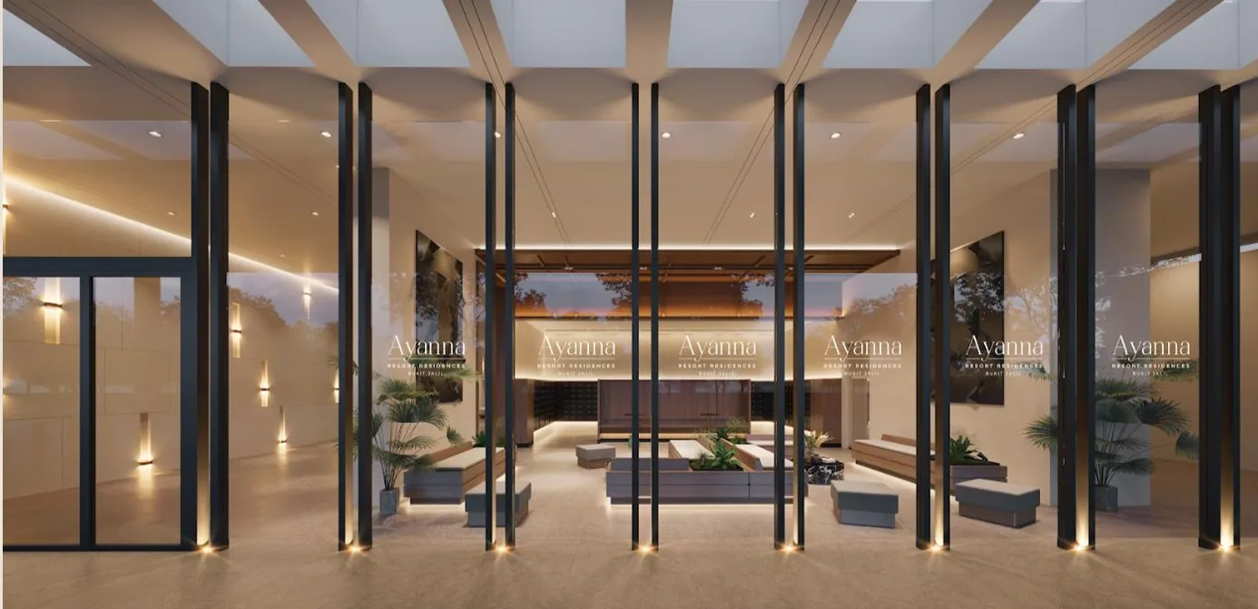 Ayanna Resort Residences Image shows the lobby area of Ayanna Resort Residences with seating and reception desk. in Bukit Jalil, Freehold property development, render