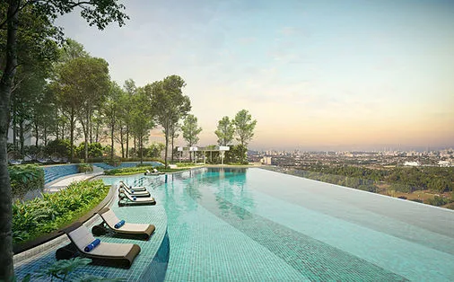 Alora Residences Infinity swimming pool with city view and lounge chairs in Subang Jaya, Freehold property development, render
