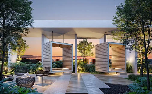Alora Residences Image shows a render of the outdoor relaxation area with wooden cabanas and seating at Alora Residences. in Subang Jaya, Freehold property development, render