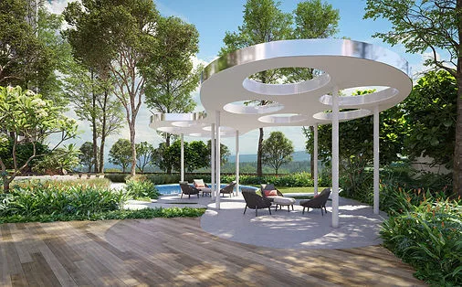 Alora Residences Image shows a render of the outdoor seating area with wooden cabanas and chairs. in Subang Jaya, Freehold property development, render