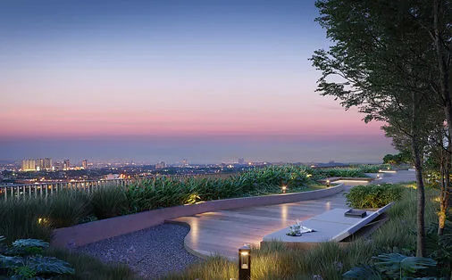 Alora Residences Rooftop garden with city view at dusk in Subang Jaya, Freehold property development, render