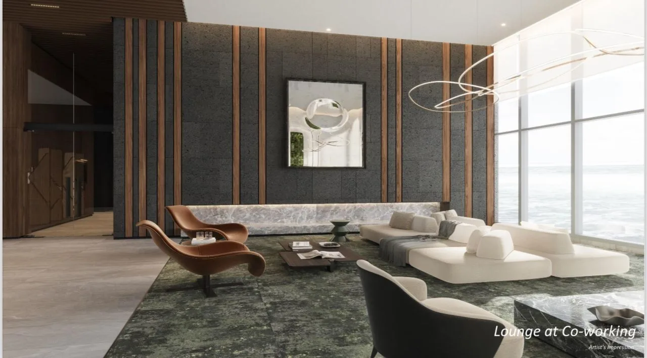 Crown Penang Image shows the lounge area at the co-working space with modern furniture and large windows. in Pulau Pinang, Freehold property development, render