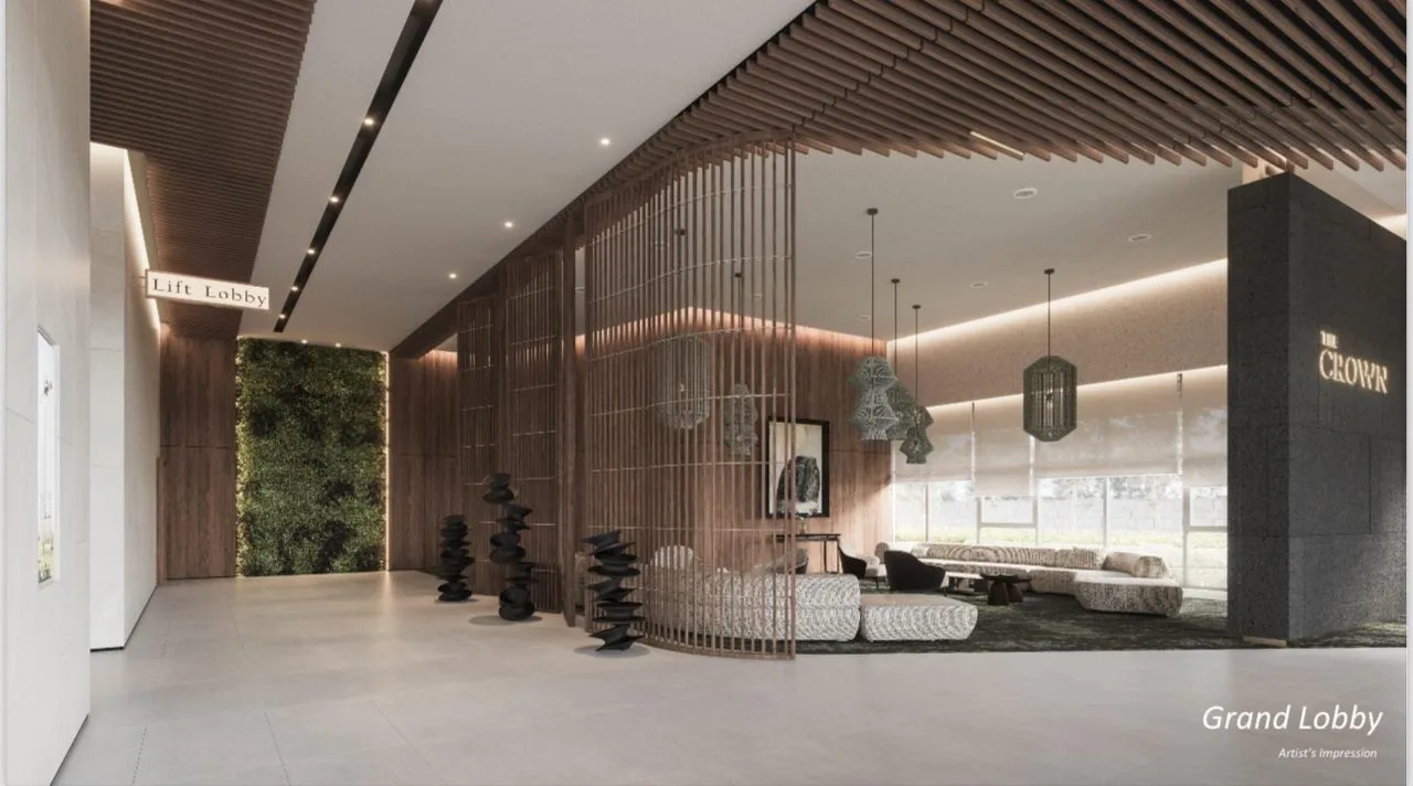 Crown Penang This image shows the grand lobby of Crown Penang, featuring a seating area, decorative screens, and a green wall. in Pulau Pinang, Freehold property development, render