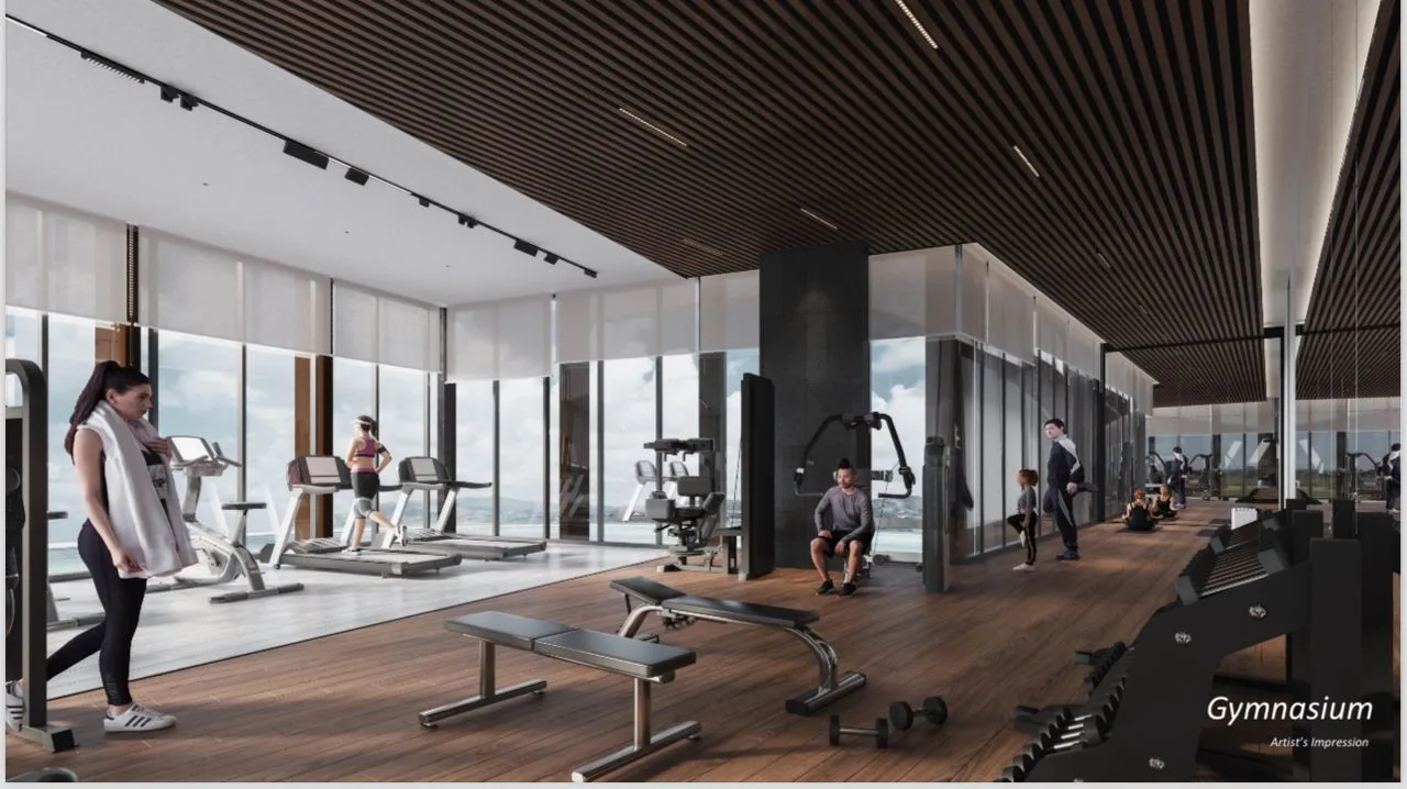 Crown Penang This image shows the gymnasium with treadmills, weights, and other exercise equipment. There are people working out in the gym. in Pulau Pinang, Freehold property development, render