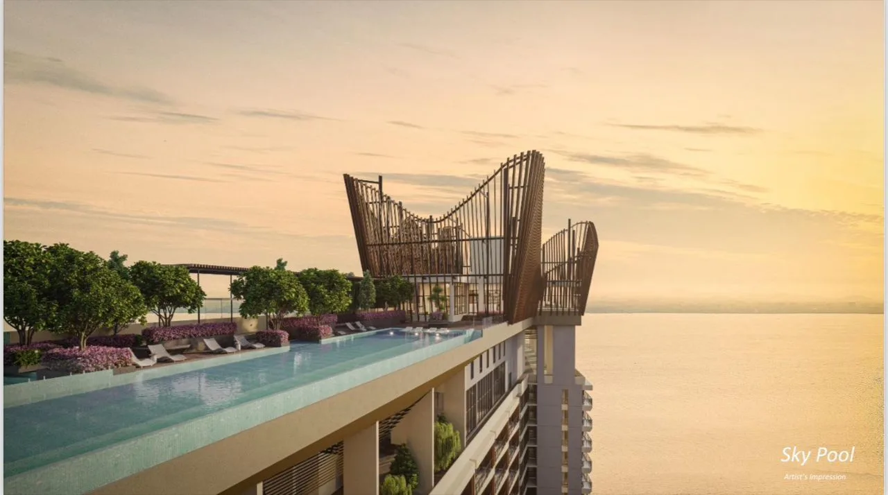 Crown Penang Image shows the sky pool facility on top of the building with ocean view in Pulau Pinang, Freehold property development, render