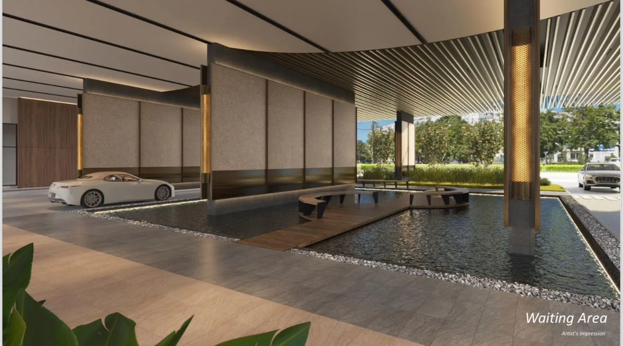 Crown Penang The image shows the waiting area of the property, featuring a water feature, seating, and a car. in Pulau Pinang, Freehold property development, render
