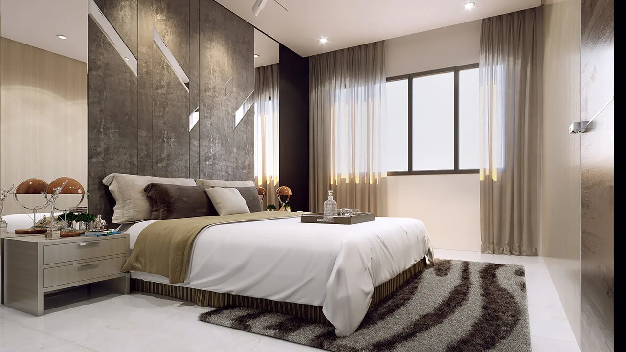 Your Precious Moment of Life Begins Here This image shows a bedroom interior with a bed, bedside table, and window. in Sungai Besi, Leasehold property development, render