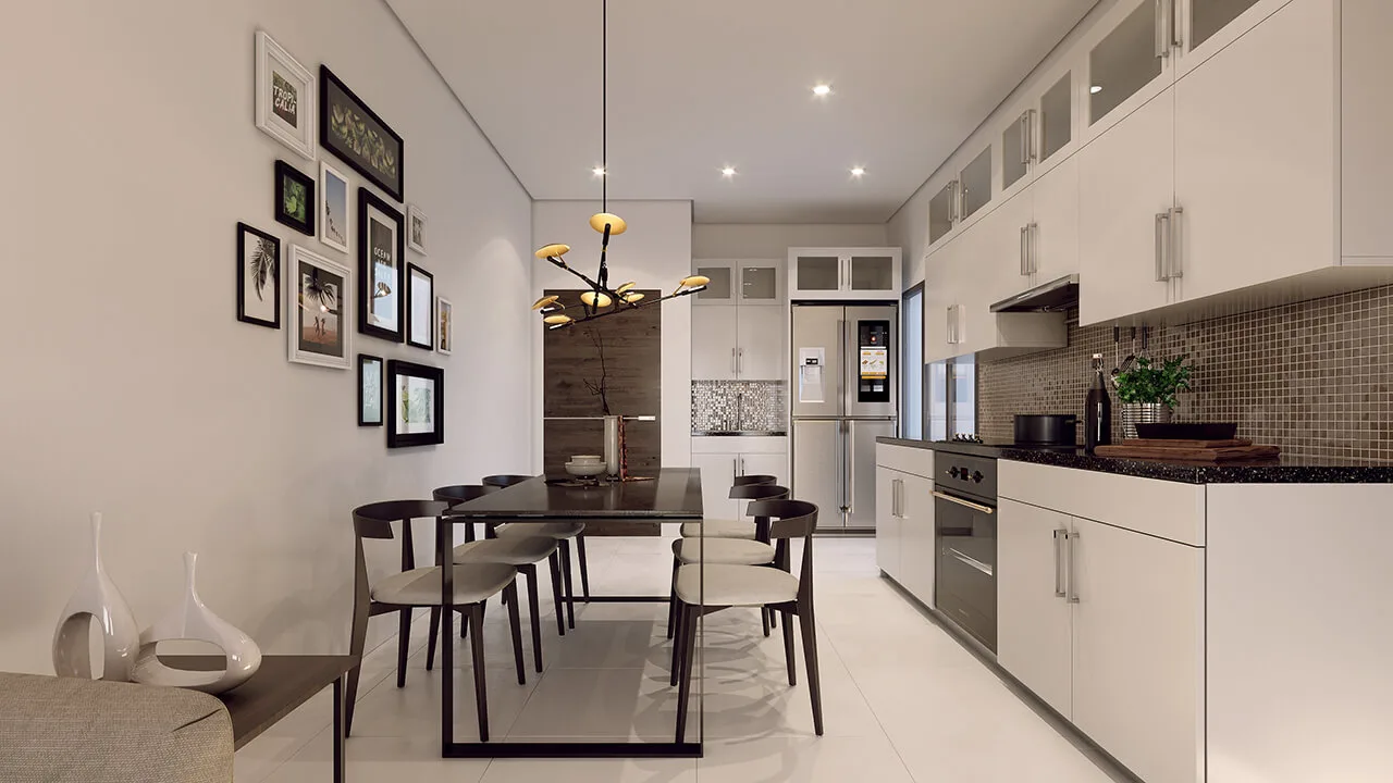 Your Precious Moment of Life Begins Here This image shows the interior of a unit, specifically the dining and kitchen area. The dining area features a table with chairs and a gallery wall. The kitchen has white cabinets and stainless steel appliances. in Sungai Besi, Leasehold property development, render