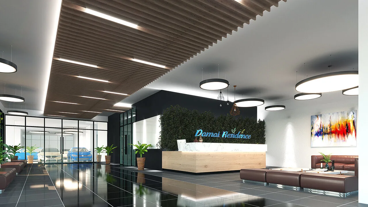 Your Precious Moment of Life Begins Here This image shows the lobby of Damai Residence with a reception desk, seating area, and view of the car park. in Sungai Besi, Leasehold property development, render