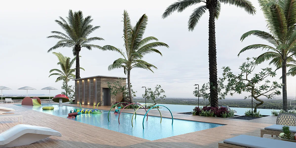 Your Precious Moment of Life Begins Here Swimming pool with water features and palm trees in Sungai Besi, Leasehold property development, render