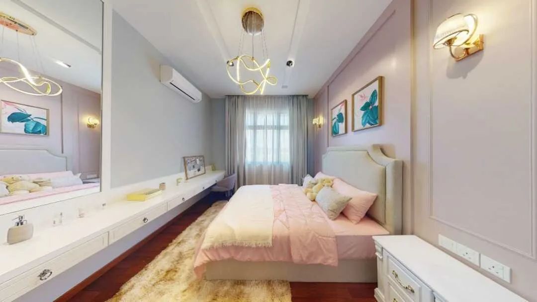 Dawn of A Legacy This image shows a bedroom interior with a bed, vanity, and decor. in Johor Bahru, Freehold property development, render