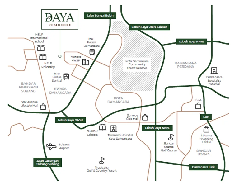 Daya Residence This image shows a location map of Daya Residence in Shah Alam, highlighting nearby amenities such as schools, hospitals, shopping malls, and transportation hubs. in Shah Alam, Freehold property development, location-map