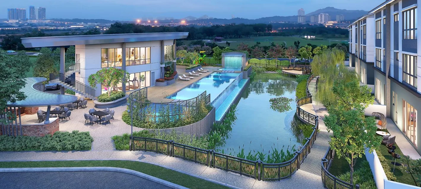 Daya Residence Aerial view of Daya Residence showing the swimming pool, clubhouse, and surrounding landscape. in Shah Alam, Freehold property development, render