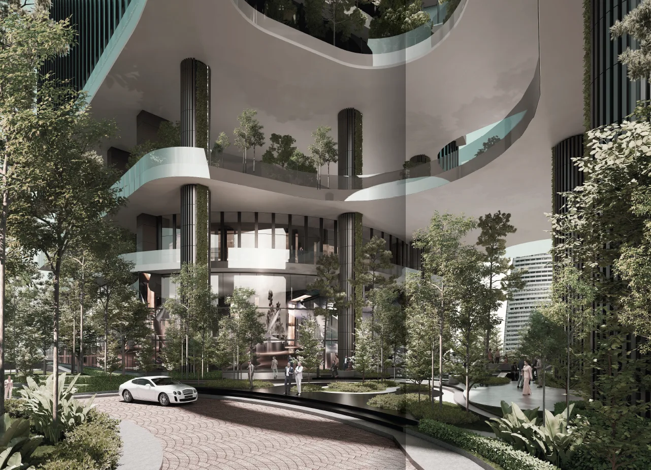 Duo Tower @ Bangsar South Building exterior render showing the entrance and surrounding greenery. in Kampung Kerinchi (Bangsar South), Leasehold property development, render