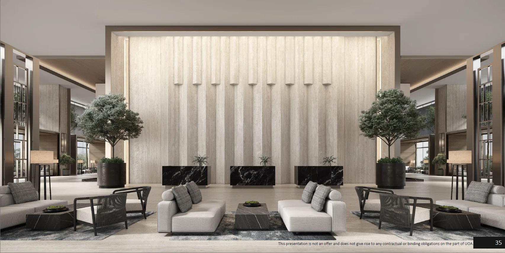 Duo Tower @ Bangsar South This image shows the interior of a lobby with seating areas, trees, and a decorative wall. in Kampung Kerinchi (Bangsar South), Leasehold property development, render