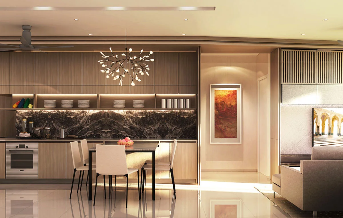 E Residence @ Telipok Image shows the interior of a unit, featuring a kitchen, dining area, and living room. in Tuaran, Leasehold property development, render