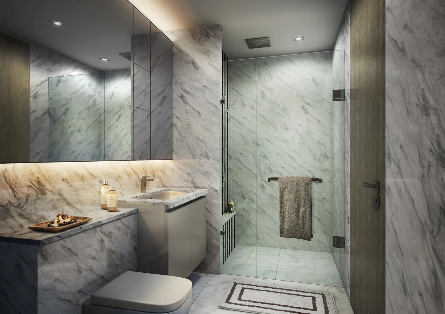 Eaton Residences @ 28 Jalan Kia Peng, Kuala Lumpur Bathroom with marble walls, a toilet, sink, and glass shower in KLCC, Leasehold property development, render