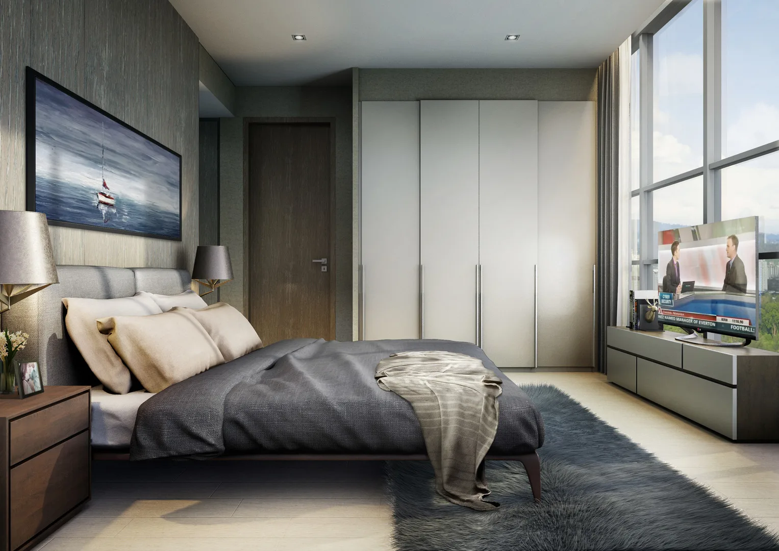 Eaton Residences @ 28 Jalan Kia Peng, Kuala Lumpur This image shows a bedroom interior with a bed, wardrobe, TV, and large windows. in KLCC, Leasehold property development, render
