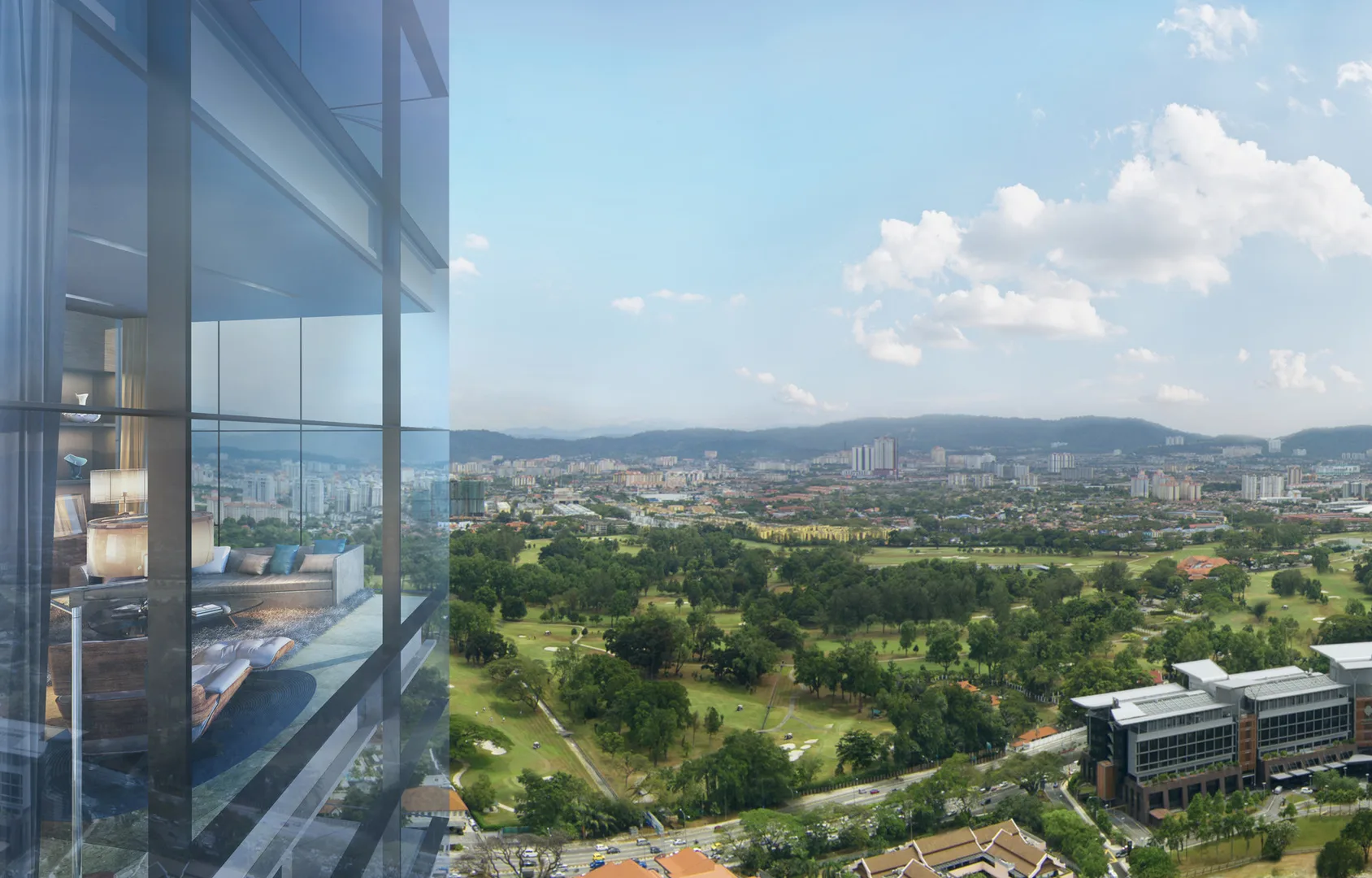 Eaton Residences @ 28 Jalan Kia Peng, Kuala Lumpur View from a unit showing the city skyline and golf course in KLCC, Leasehold property development, render