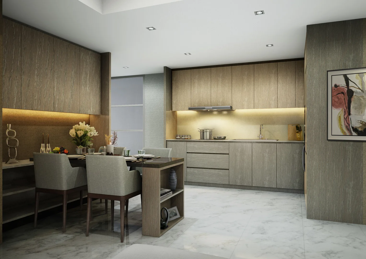 Eaton Residences @ 28 Jalan Kia Peng, Kuala Lumpur Image shows the interior of a unit, featuring a dining area with a table and chairs, and a kitchen with cabinets and appliances. in KLCC, Leasehold property development, render