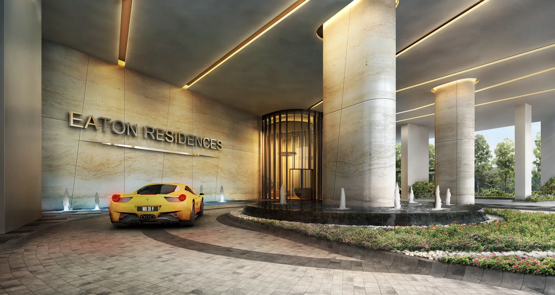 Eaton Residences @ 28 Jalan Kia Peng, Kuala Lumpur The image shows the entrance of Eaton Residences with a yellow sports car, water features, and landscaping. in KLCC, Leasehold property development, render