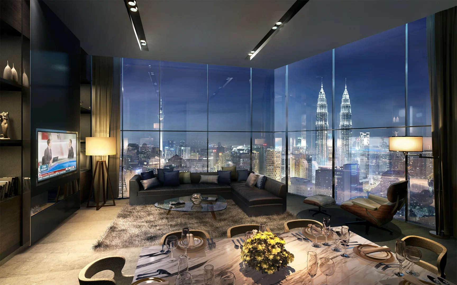 Eaton Residences @ 28 Jalan Kia Peng, Kuala Lumpur Living and dining area with a view of the KLCC skyline at night in KLCC, Leasehold property development, render
