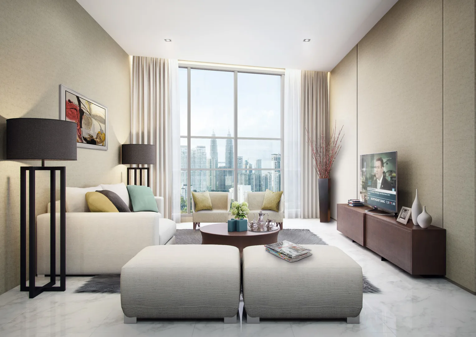 Eaton Residences @ 28 Jalan Kia Peng, Kuala Lumpur Living room interior with sofas, ottomans, TV, and city view through large windows. in KLCC, Leasehold property development, render