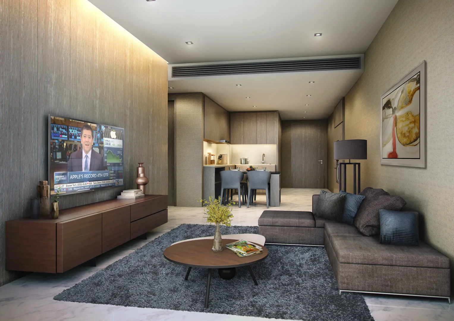 Eaton Residences @ 28 Jalan Kia Peng, Kuala Lumpur This image shows the interior of a unit, specifically the living room and kitchen area. The living room features a sofa, TV, and coffee table, while the kitchen has a breakfast bar with stools. in KLCC, Leasehold property development, render