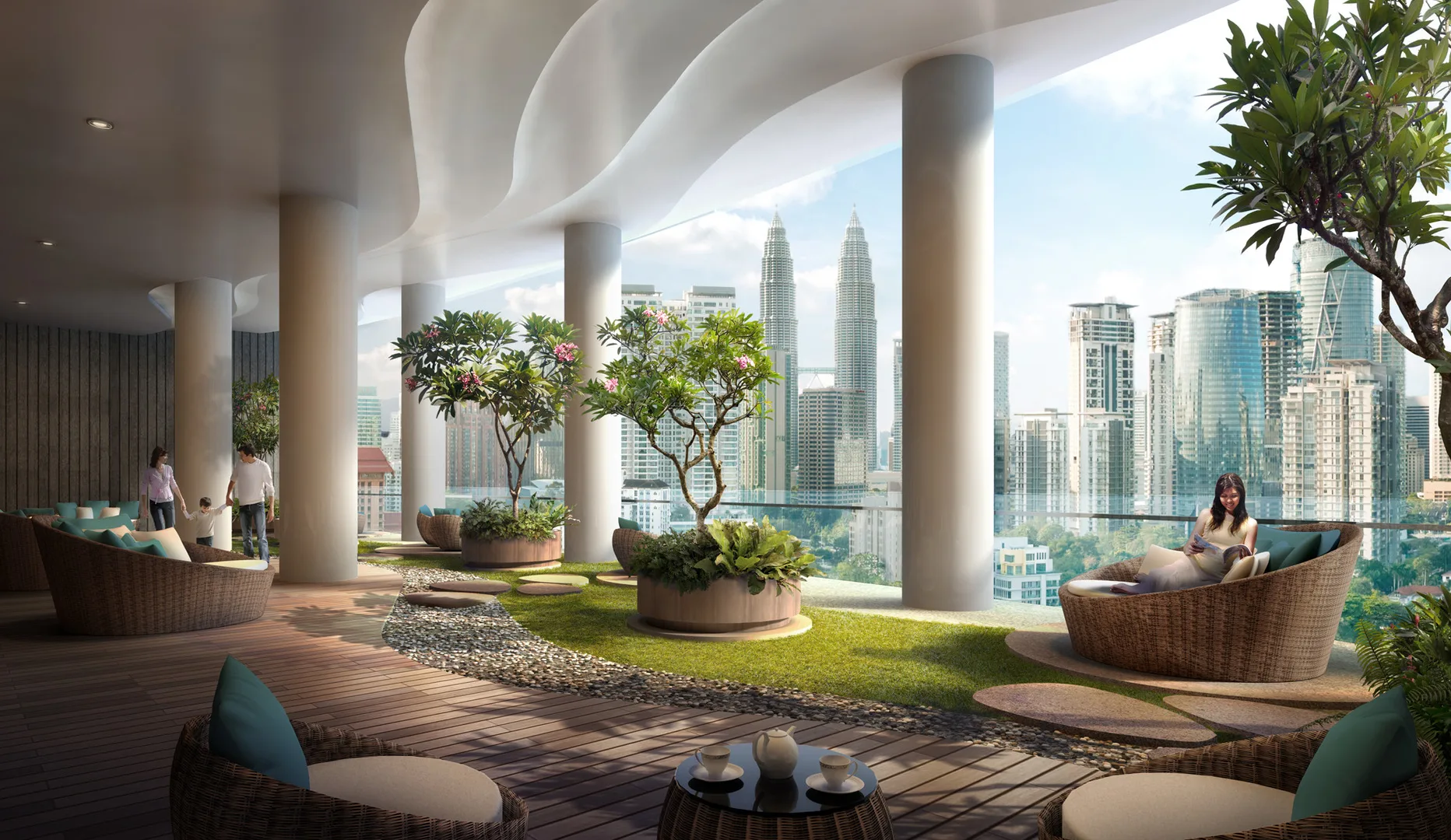 Eaton Residences @ 28 Jalan Kia Peng, Kuala Lumpur This is a render of a rooftop garden lounge area with seating and views of the Kuala Lumpur city skyline, including the Petronas Twin Towers. in KLCC, Leasehold property development, render