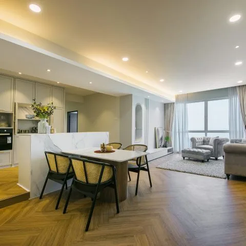 Emerald Residence Image shows the interior of a unit, featuring the kitchen, dining area, and living room. in Teluk Kumbar, Freehold property development, photo