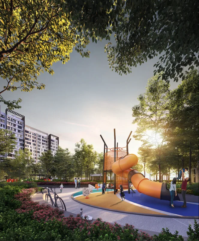 Gamuda Gardens Image shows a playground with slides and climbing structures, with a residential building in the background. in Rawang, Leasehold property development, render