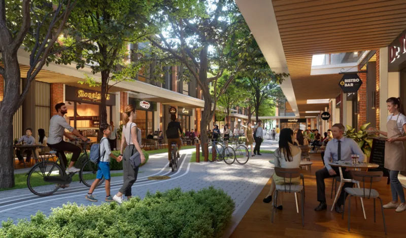 Gardens Square A rendered image of a commercial area with people walking, cycling, and dining outdoors. in Rawang, Leasehold property development, render