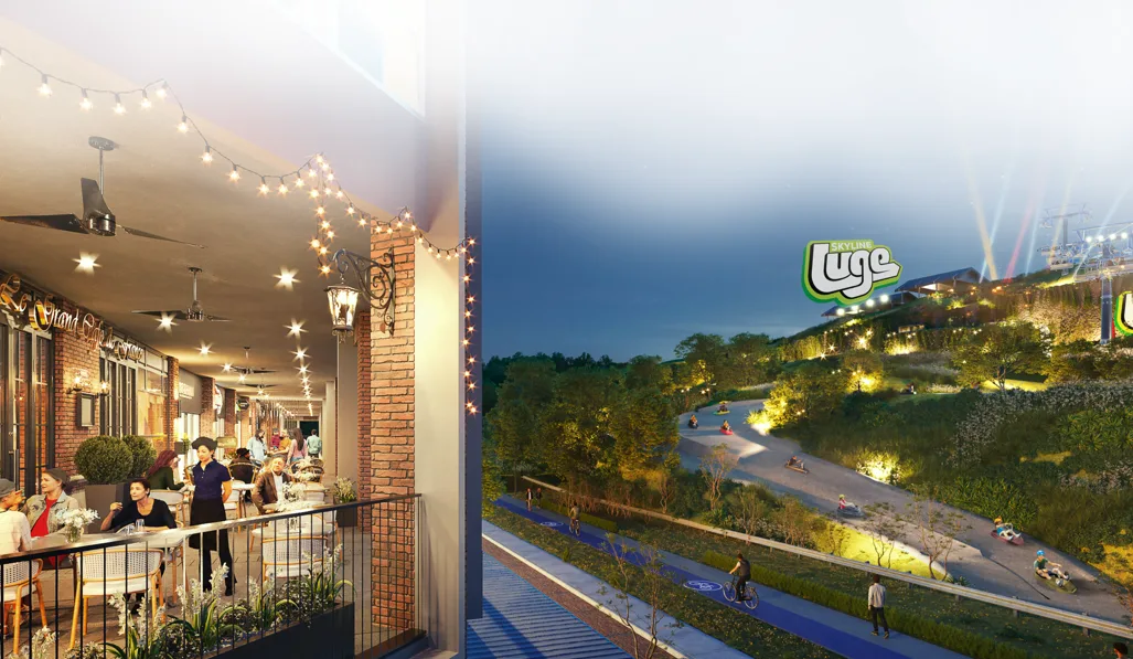 Gardens Square The image shows a retail area with outdoor seating and a view of a Luge track. in Rawang, Leasehold property development, render