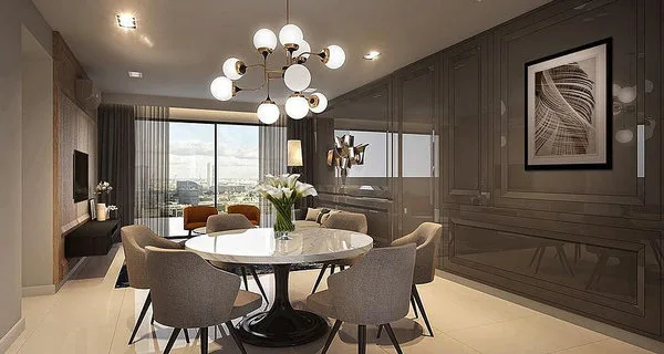 Gem Residences Image shows a dining area with a round table, chairs, and a view of the city., Freehold property development, render