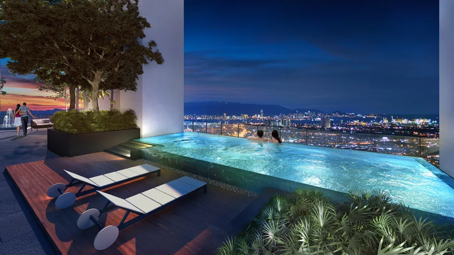 Gem Residences Image shows an infinity pool at night with a city view, lounge chairs, and greenery., Freehold property development, render