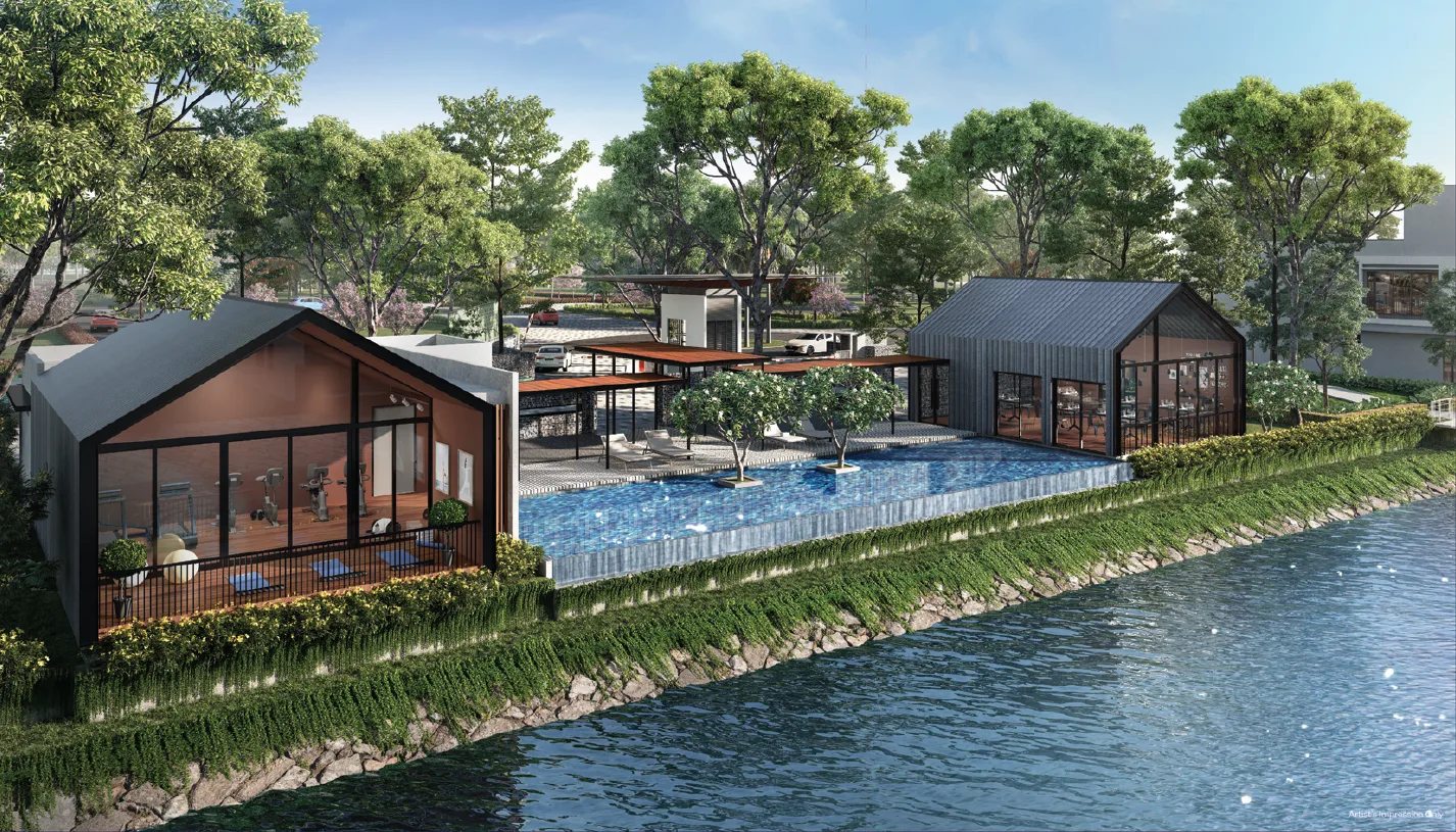Isola Coast Exterior render of the property showing the swimming pool and surrounding buildings. in Masai, Freehold property development, render