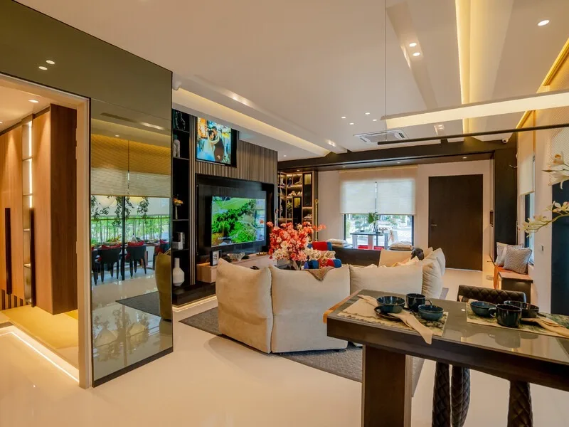 JIA @ Ipoh South Living room interior with sofa, coffee table, and large windows in Ipoh, Leasehold property development, photo