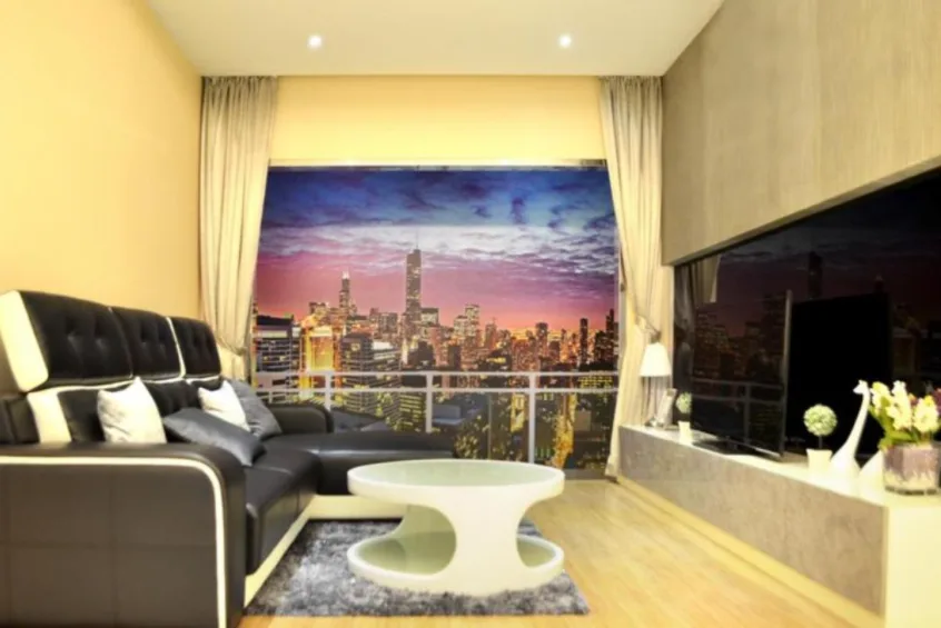KSL Daya Residences Living room interior with a view of the city skyline at night, Freehold property development, render