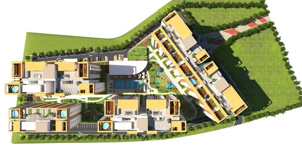 KSL Daya Residences Aerial view of the property development showing the building layout, swimming pool, and surrounding landscape., Freehold property development, render