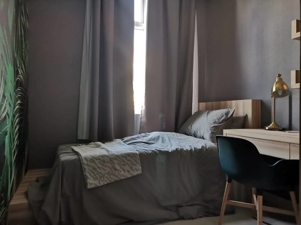 KSL Mutiara Bestari Taman Nusa Bestari Bedroom with bed, desk, chair, and lamp in Skudai, Freehold property development, photo