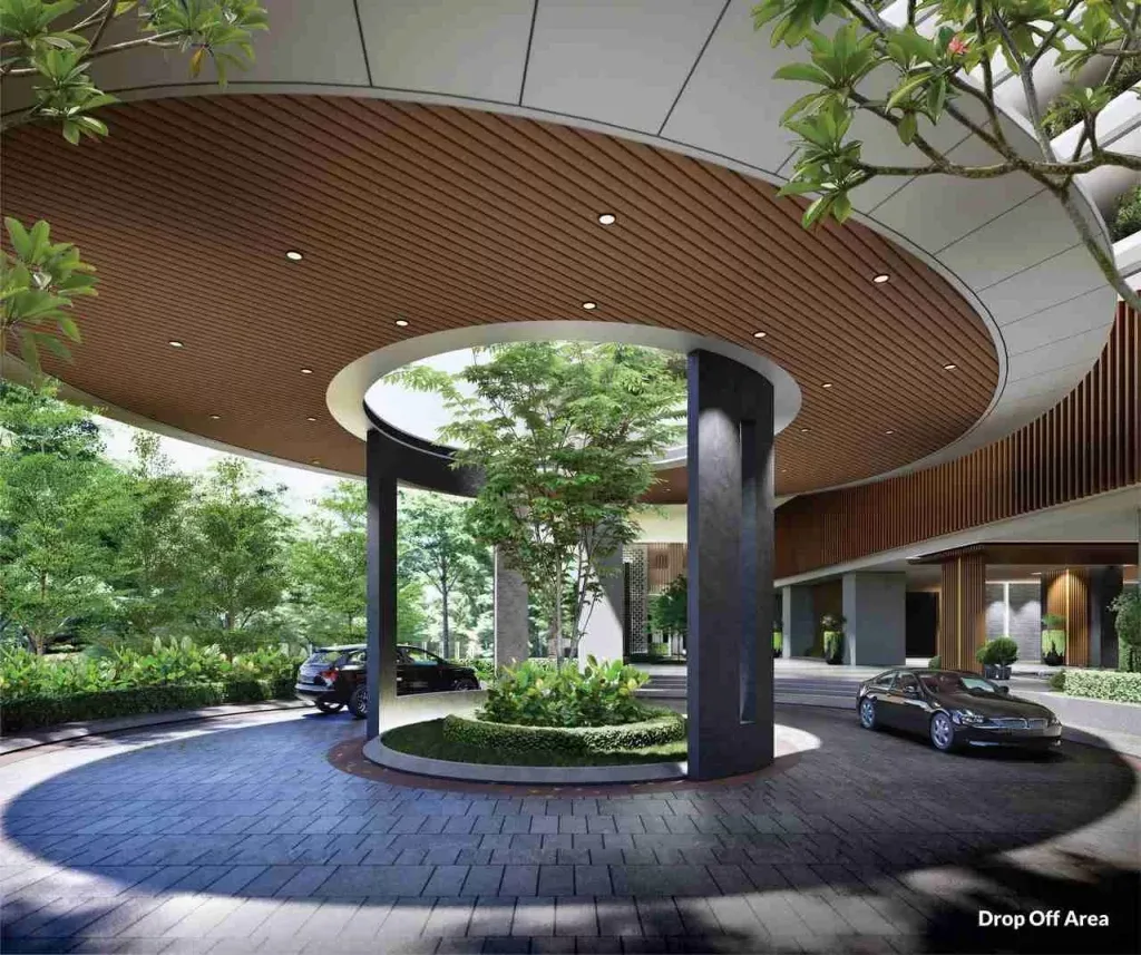 Laurel Residence Image shows the drop off area of the building with a circular driveway and landscaping., Leasehold property development, render