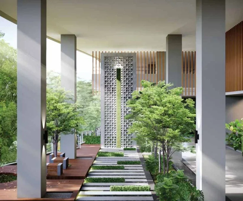 Laurel Residence The image shows a landscaped entrance area with a decorative screen and greenery., Leasehold property development, render