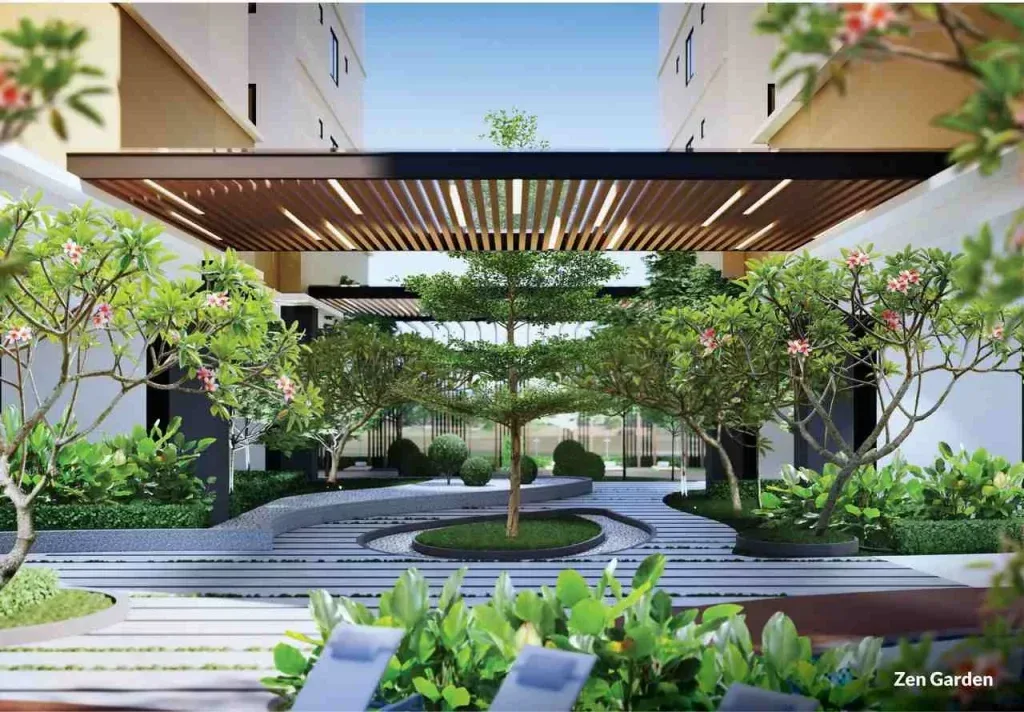 Laurel Residence This image shows the Zen Garden, a facility at Laurel Residence. The garden features a central tree, lush greenery, and lounge chairs., Leasehold property development, render