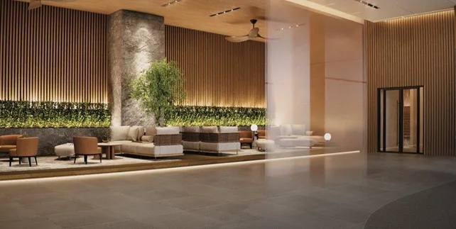 Subang Freehold Township Project The image shows the interior of a building lobby with seating areas, plants, and a modern design. in Subang Jaya, Freehold property development, render