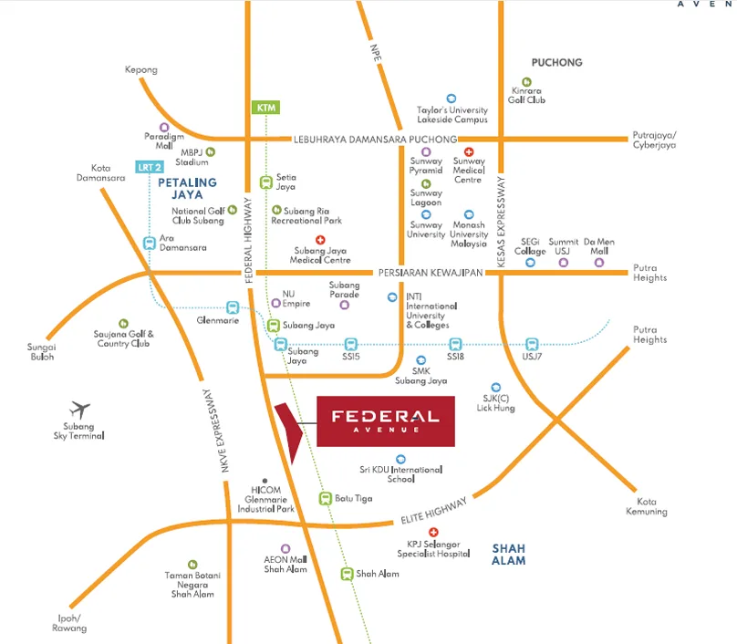 Subang Freehold Township Project This image shows a location map of the Subang Jaya area, highlighting the location of the Federal Avenue project and nearby landmarks, highways, and public transportation. in Subang Jaya, Freehold property development, location-map