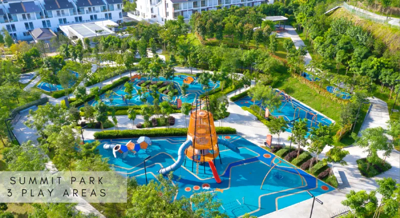 M Sinar @ Southville City Aerial view of Summit Park with three play areas, surrounded by greenery and residential buildings. in Bangi, Freehold property development, render