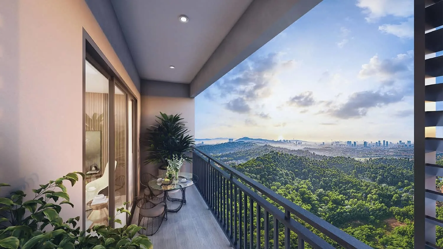 Mahogany Residences This image shows a balcony with a view of a green landscape and city skyline. in Kota Damansara, Leasehold property development, render