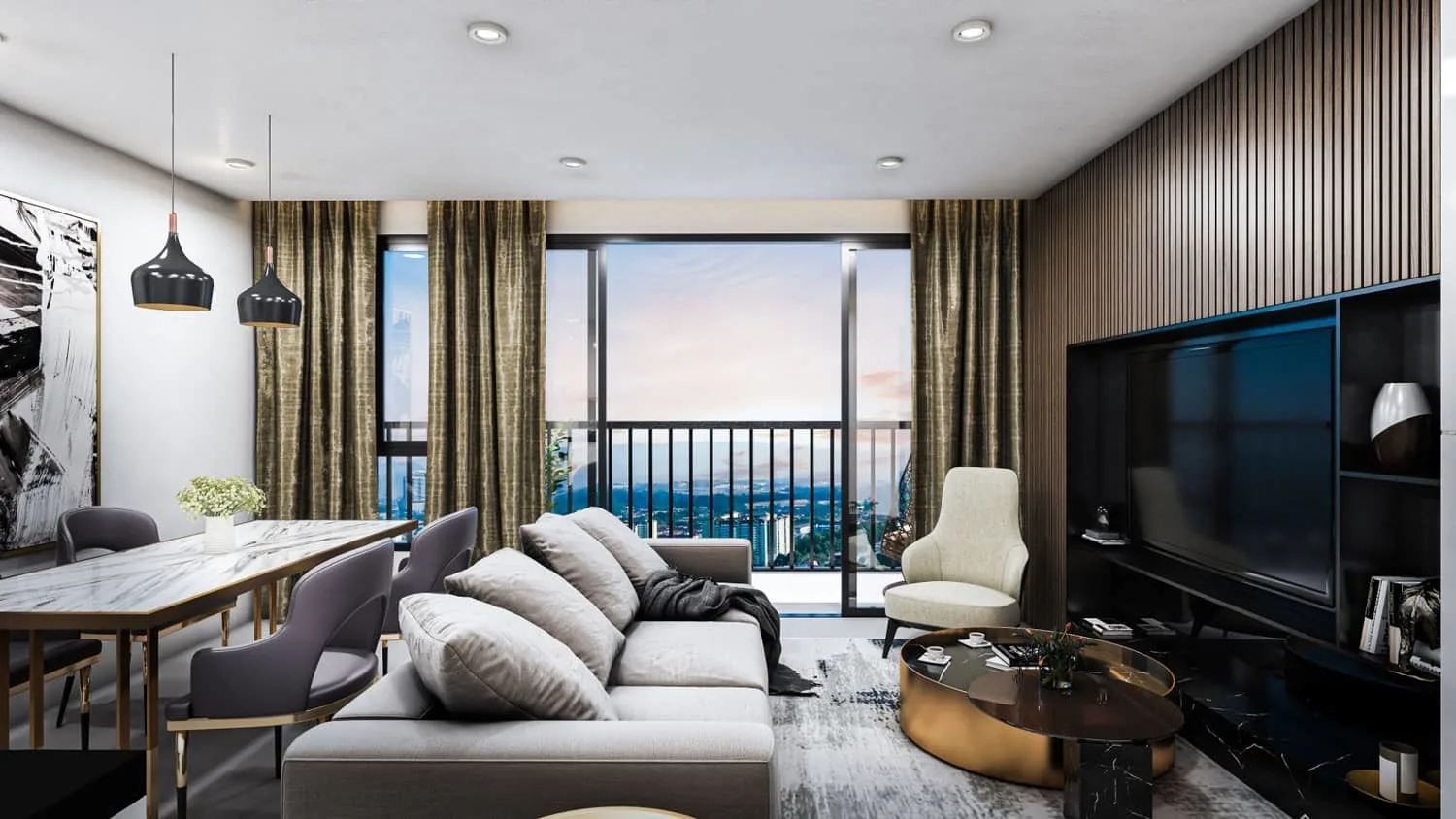 Mahogany Residences Living room and dining area with balcony view in Kota Damansara, Leasehold property development, render